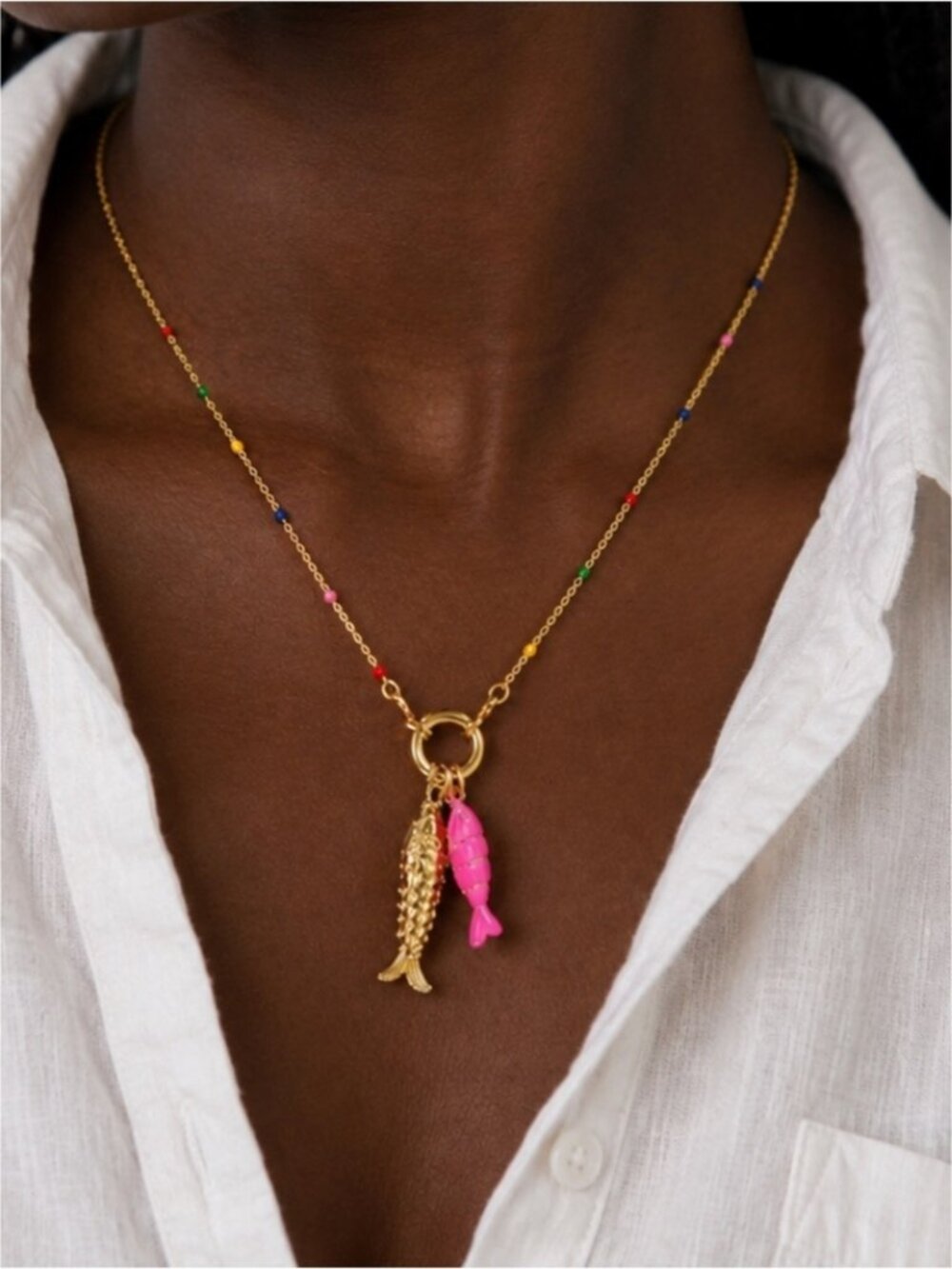New! Coastal Colorful Fish Charm Gold Necklace (4019) NWOT